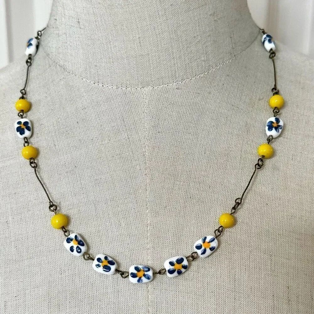 Blue and yellow flower hand painted beaded necklace